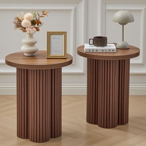 Small Sofa Side Table Set of 2, Fluted Accent Pedestal End Table, Wood Round Night Stand, Farmhouse Bed Side Table Drink Tables for Living Room, Small Spaces (Walnut-2PCS) - color: Walnut-2pcs
