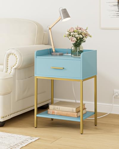Nightstand with Charging Station,3-Tier Modern Bedside Table Night Stand with Storage Drawer and Open Shelf,Small End Side Table for Bedroom,Living Room,Blue - color: Blue With Charging Station