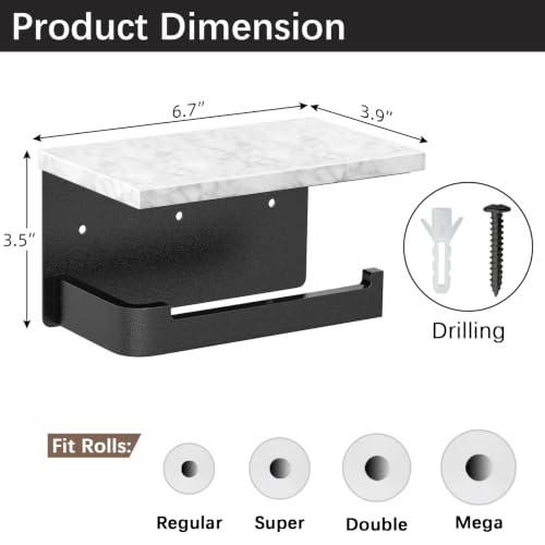 Gypie Toilet Paper Holder with Shelf, Extended Base Wall Mounted, Marble Toilet Roll Holder Black for Bathroom Washroom - color: Black, size: Marble