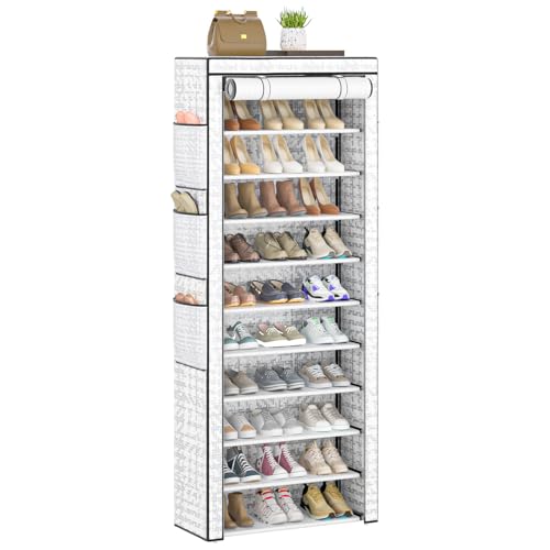 OYREL Shoes Rack 10 Tier Tall Shoe Rack with Storage Pockets, Fabric Covered Shoe Racks,Metal Shoes Rack Organizer for Closets,Bedroom, Garage - color: Multi Color, size: 10Tier 23.6"W