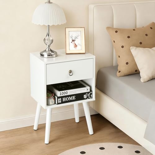 Bonnlo White Nightstand Set of 2, Modern Bedside Table with Drawer Open Shelf, End Table with Solid Wood Legs for Bedroom, - color: White, size: 1 Drawer 1 Shelf