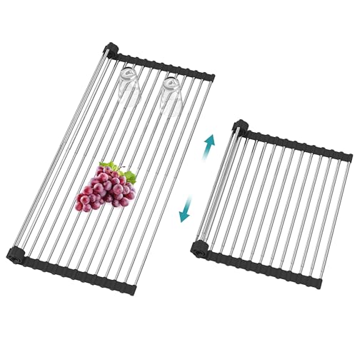 Extra Large Expandable Roll Up Dish Drying Rack,Over The Sink Drying Rack Sink Cover Kitchen Sink Accessories Kitchen Rolling up Stainless Steel Drainer, Foldable,Rollable（Black，22.8''-12.4''） - color: Black, style: 16 tubes，expandable