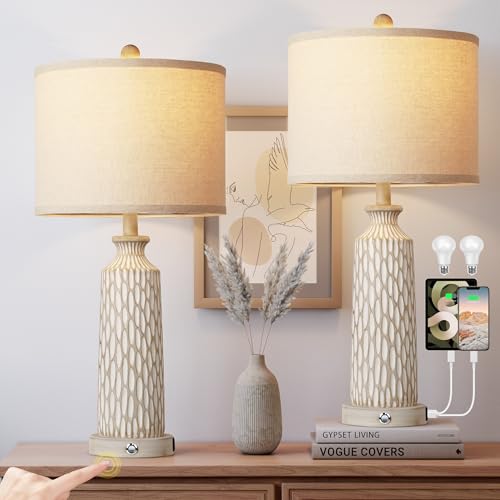 QiMH 26" Lamps for Bedroom with USB A+C Ports, Farmhouse Bedside Lamps Set of 2, Touch Control 3-Way Dimmable, Modern Off-White Resin Table Lamps for Living Room Foyer, Included 2700K LED Bulbs - color: Beige white