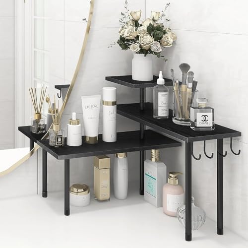 Bathroom Counter Organizer Corner Shelf, Kitchen Countertop Organizer, 3 Tier Wood Counter Shelf Stand for Over The Sink, Coffee Station, Desktop, Black - color: Black, With Hooks