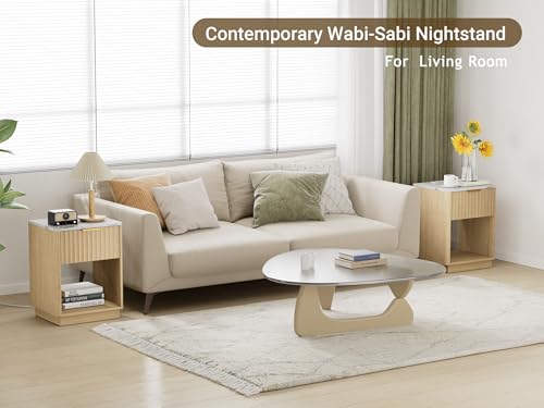 Fluted Nightstand, Night Stand Set 2, Nightstands Set of 2 with Charging Station and Faux Marble Top, Wooden End Table with Drawer, Modern Bedside Table for Bedroom Living Room, Natural Oak - color: Natural Oak + Faux Marble Top, size: 1 Drawer（18"W）