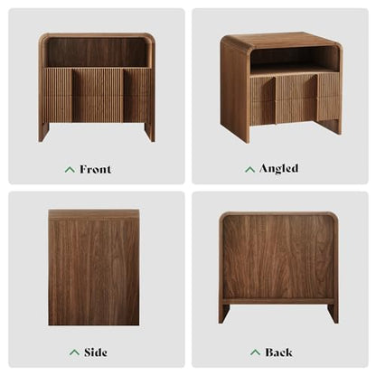 AMERLIFE Fluted Night Stand with Storage Drawers, Modern Small Nightstand & Bedside Table with Open Shelf, Curved Profile Design & Pine Handles, Wood End Table for Bedroom, Walnut - color: Walnut