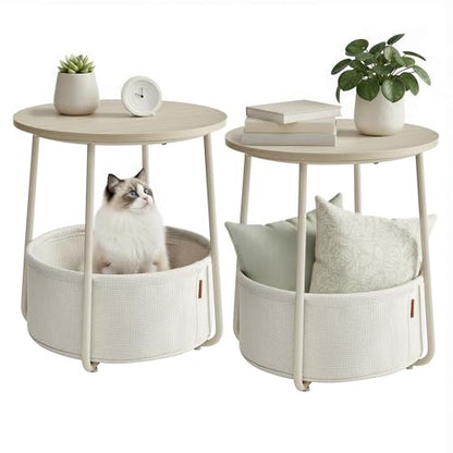 VASAGLE LILEA Collection - Small Round Side End Table, Modern Nightstand with Fabric Basket, for Living Room, Bedroom, Set of 2, Cream White ULET225LL01S - color: Cream White, size: Round + 2 pack
