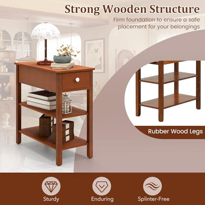 Giantex Narrow End Table Set of 2, Farmhouse Side Tables with Drawer & Storage Shelves, Wood Sofa Side Table, 3-Tier Night Stand for Small Space Living Room Bedroom, Brown - color: Brown