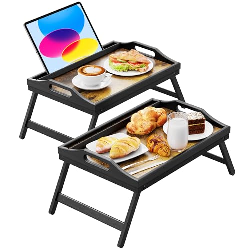 2 Pack Breakfast in Bed Tray for Eating, 16.92 x 12.6 Inch Bed Table Tray with Folding Legs & Handles, Bamboo Food Lap Trays Fits for Adult Kids Eating/TV/Surgery Recovery by Easoger. Set of 2 - color: 2-black 2 Pack