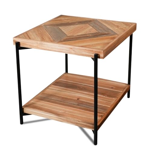 CONSDAN StoneCreek End Table 23 inch, Solid Fir Wood Side Table with Metal Frame, 2-Tier Storage Shelf, Square Nightstand for Living Room, Bedroom & Office, Rustic Style - color: End Table