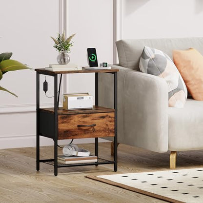 Somdot Nightstand Set of 2 with Charging Station & LED Light, Bedside Table | Dorm, Guest Room, Kids Room, Laundry, Closet, Entryway and Hallway, Brown - color: Brown, size: 11.8"D x 15.7"W x 23.4"H (1 Drawers)