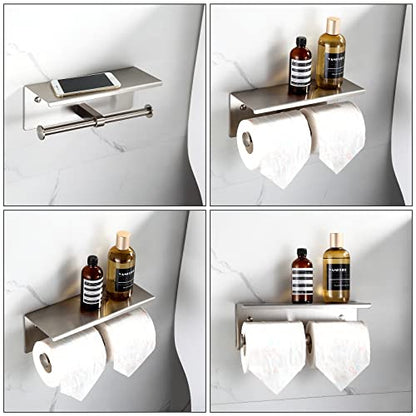 Double Toilet Paper Holder with Shelf Brushed Nickel Toilet Paper Holder Wall Mounted - color: Brushed Nickel