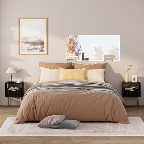 Night Stand,Modern Bedside Table with Drawer and Shelf,Black Night Stand with Gold Frame,Small Side Table for Bedroom,Living Room - color: Black