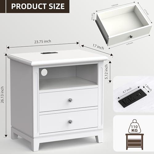 24" Wide Farmhouse Nightstand with Charging Station, Solid Wood End Table with 2 Large Drawers & Open Shelf, Bedside Table with USB Ports and Outlets, Side End Table for Bedroom - color: White