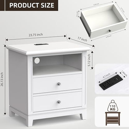 24" Wide Farmhouse Nightstand with Charging Station, Solid Wood End Table with 2 Large Drawers & Open Shelf, Bedside Table with USB Ports and Outlets, Side End Table for Bedroom - color: White