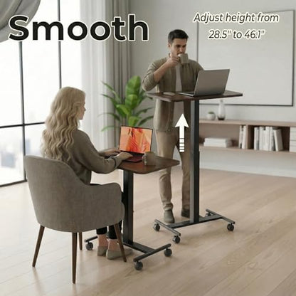 HUANUO Small Rolling Laptop Standing Desk, Height Adjustable Mobile T-Base Desk with Lockable Casters, Portable Sit-Stand Workstation for Bedside & Sofa, Walnut - color: Walnut