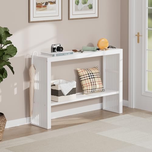47-Inch Console Table with Storage, 2-Tier Narrow Entryway Table,White | 100% Natural Bamboo slim profile, reinforced angled frame versatile wall-side placement - color: White, style: 2-TIER