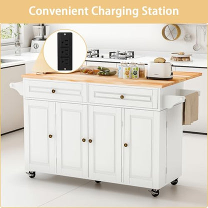 Kitchen Island Cart with Storage on Wheels, 59" Large Rolling Kitchen Island with Drop Leaf, Mobile Island for Kitchen with Towel Rack, Drawers for Dining Room, White - size: 59.3" W, style: White