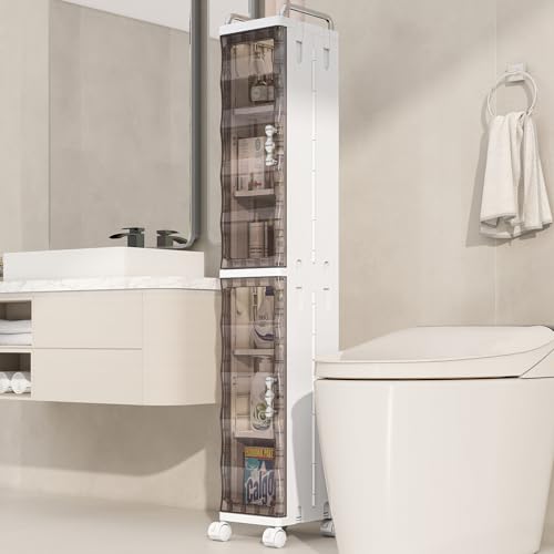 KHNR Slim Bathroom Storage Cabinet with Wheels, Foldable Design with 4 Shelves, Narrow Rolling Organizer with Door for Small Spaces,Bathroom,Kitchen,Laundry,Clear Gray - color: Clear Gray, size: 6-Tiers