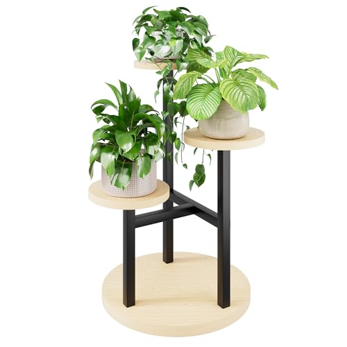 3 Tiers Black Plant Stand Indoor Tall Metal Wood Plant Shelf Outdoor Plant Stands Indoor Plant Table Rack Tiered Plant Stand Garden for Living Room Balcony Patio - RoundLight - color: BlackRoundLight, size: 3-tiers