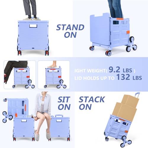 Foldable Utility Cart Folding Portable Rolling Crate with Magnetic Extended Lid,360°Rotate Wheels,176LBS Load Capacity,Heavy Duty Durable Dolly Cart(Blue) - color: Blue, size: Magnetic Extended Lid &Climber Wheels