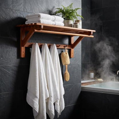 Bare Decor Caracas Bathroom Wall Shelf with Hangers in Solid Teak Wood 31.5"