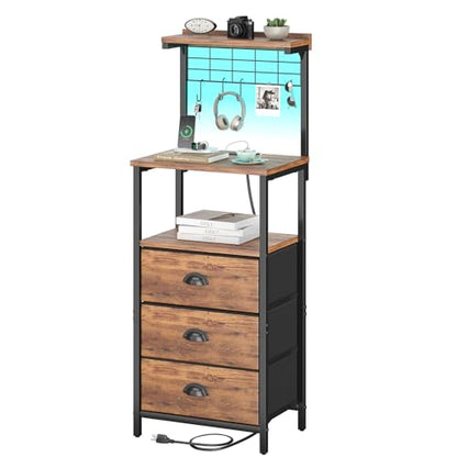 sthmec Tall Nightstands with Charging Station, LED Night Stand Bedsides with 3 Fabric Drawers,Hooks,USB Port and Open Storage Shelves,Tall End Table Bedside Tables for Bedroom,Office, Rustic Brown - color: Rustic Brown, style: 3 Darwers