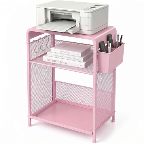 ECOLOVI 3 Tier Printer Stand for Under Desk, Height Adjustable Shelf Small Printer Table with 3 S-Hooks & Basket, Heavy Duty Industrial Storage Shelf for Home Office (Pink) - color: Pink