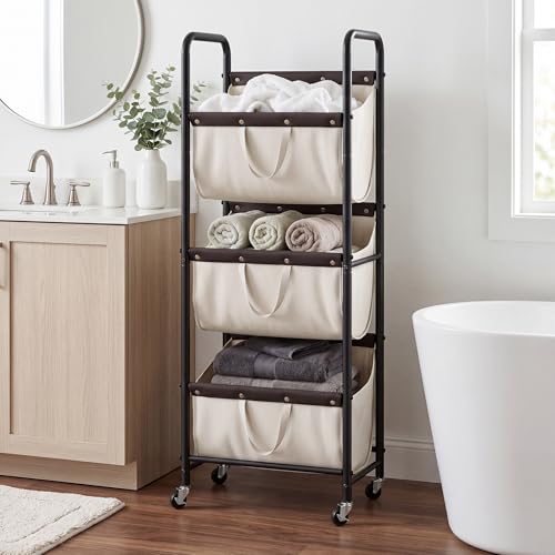 GRANNY SAYS 3 Tiered Laundry Sorter, Narrow Hamper Cart with Wheels, Beige - color: Beige