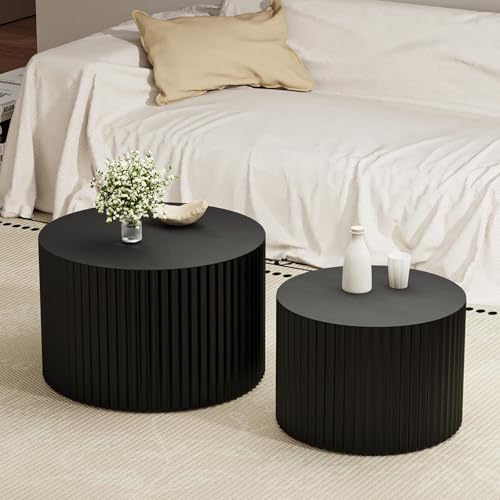 Round Nesting Coffee Table Set of 2 Modern Black Fluted Coffee Table Small Round End Table Side Table Circular Coffee Tables Circle Nested Coffee Tables for Living Room (Black Small) - color: Black Small