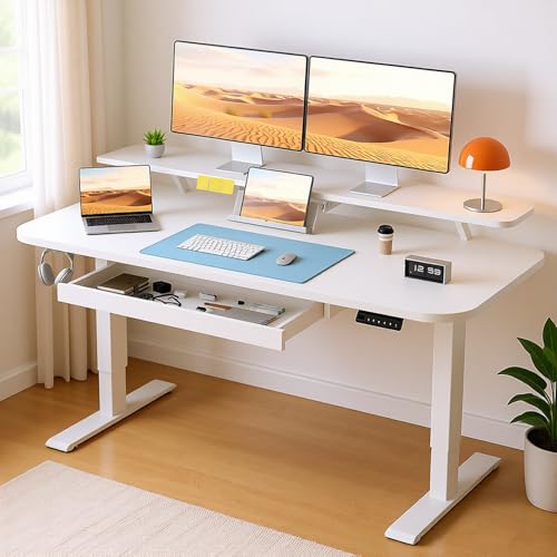 COMHOMA Electric Standing Desk with Drawers, 48 x 24'' Sit Stand up Desk with Monitor Stand, Laptop Stand, Height Adjustable Ergonomic Home Office Computer Desk with Memory Preset Controller - color: White, size: 48 x 24 Inch