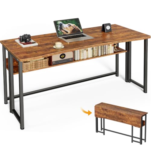 Huuger Folding Desk with Storage Shelf, 47.2 Inch Foldable Computer Table for Small Spaces, Space Saving Sofa Table for Couch, Writing Work Office Computer Desk, Easy to Fold, Rustic Brown - color: Rustic Brown, size: 18.5"D x 47.2"W