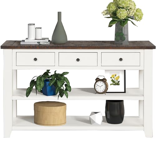 LKTART 48.8" Solid Wood Console Table for Entryway;Sofa Table with Drawers | 48.8" Antique White Real Wood Farmhouse Console Table with Storage and Shelf,Entryway Table for Entry Hallway,Easy Assembled - color: Antique White