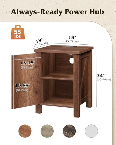 WLIVE Farmhouse Nightstand with Charging Station, Rustic Brown End Table with Barn Door and Adjustable Storage Shelf, 18" Modern Wood Night Stand Bedside Table for Bedroom - color: Rustic Brown