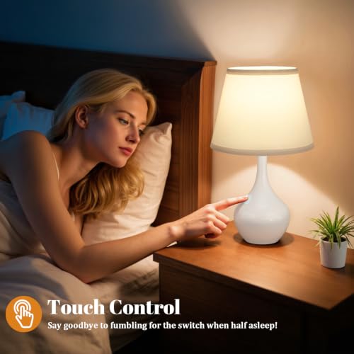 Seealle Touch Table Lamps for Bedroom Set of 2,3-Way Dimmable Small Bedside Lamps for Night Stands with Wires, White Desk Lamps for Kids Room,Office,Living Room, End Table(LED Bulbs Included) - color: K. WhiteShade & White Base
