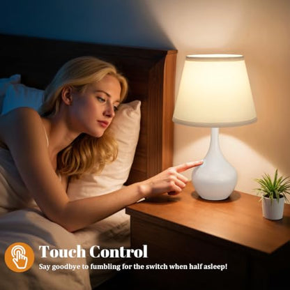 Seealle Touch Table Lamps for Bedroom Set of 2,3-Way Dimmable Small Bedside Lamps for Night Stands with Wires, White Desk Lamps for Kids Room,Office,Living Room, End Table(LED Bulbs Included) - color: K. WhiteShade & White Base
