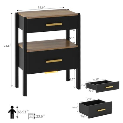 Nightstand with 2 Drawers and Open Shelf Wooden Bedside Table Gold Handles Modern Storage Night Stand Sensor Light for Bedroom, Black and Brown - color: Black and Brown