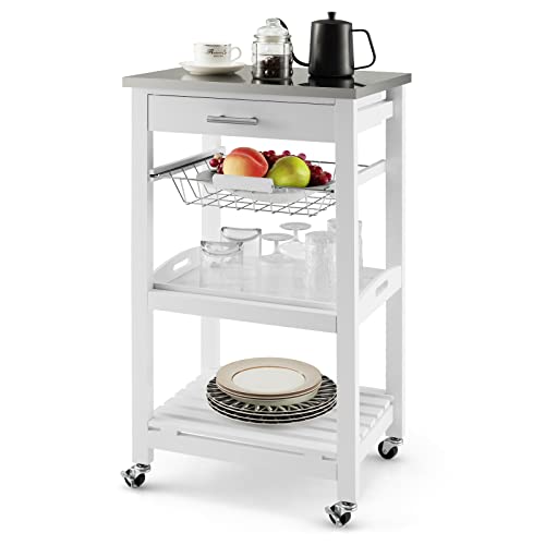 Giantex Kitchen Island Cart, Rolling Kitchen Storage Cart with Stainless Steel Tabletop, Drawer, Basket and Shelf, Utility Service Cart on Wheels for Restaurant Hotel