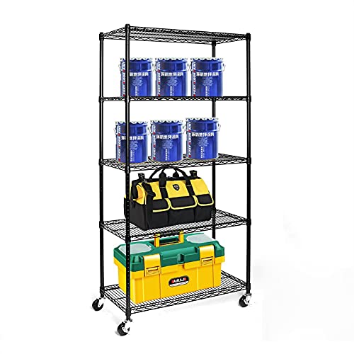 Metal Storage Shelf, Garage Storage Organization Wire Rack, Adjustable 5 Tier Wire Shelf with Wheels, Space Saving Design for Home Office, Living Room, Bedroom, 35.4" W x 18" D x 71" H, Black - color: Black, size: 5-tier 35.43"W x 17.72"D x 70.87"H Wheels