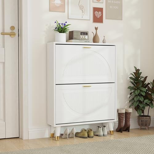 White Shoe Storage Cabinet: 24" Ultra Thin Small Shoe Cabinet for Entryway, Modern Slim and Narrow Hidden Shoes Rack Organizer with Doors and 2 Flip Drawer (1 Piece, 25") - size: 25"