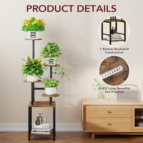Homsorout Round Plant Stand Indoor with Grow Light, 5-Tiered Tall Plant Stand Indoor, Metal Plant Shelf with Adjustable Light, Ideal for Living Room, Garden, Patio (Black Brown)