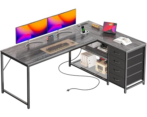 PRAISUN 61" L Shaped Desk with Power Outlets & USB-C Port, Reversible Computer Corner Office Desk with 4 Fabric Drawers and 2 Storage Shelves, Large Desk for Gaming Writing Study, Grey - color: Grey, size: 61 Inch