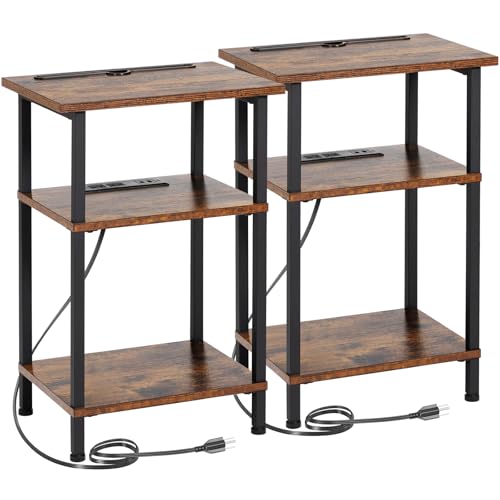 AMHANCIBLE Side Table with Charging Station, End Tables Living Room Set 2 | Narrow Nightstand & Side Tables Bedroom, Small End Table with 3 Open Shelves & USB Type-C Ports, Rustic Brown - color: Rustic Brown