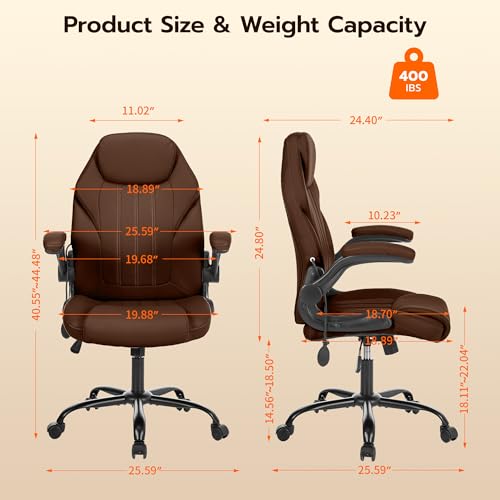 Ylzyxal Office Desk Chair, Ergonomic Computer Chair with Padded Flip-Up Arms and Adjustable Lumbar Support, PU Leather Executive Chair with Tilt Lock and 360° Swivel Rolling Wheels for Work, Study - color: Darkbrown