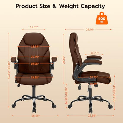 Ylzyxal Office Desk Chair, Ergonomic Computer Chair with Padded Flip-Up Arms and Adjustable Lumbar Support, PU Leather Executive Chair with Tilt Lock and 360° Swivel Rolling Wheels for Work, Study - color: Darkbrown