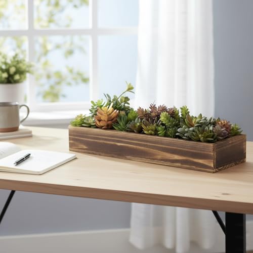 MyGift Artificial Succulent Centerpiece, 15.75 Inch Faux Succulents Arrangement Plants in Rustic Burnt Wood Rectangular Planter Box - color: Burnt Wood