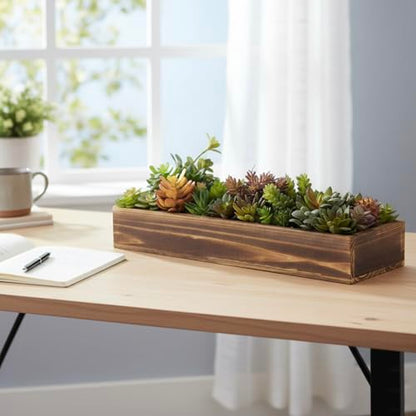 MyGift Artificial Succulent Centerpiece, 15.75 Inch Faux Succulents Arrangement Plants in Rustic Burnt Wood Rectangular Planter Box - color: Burnt Wood