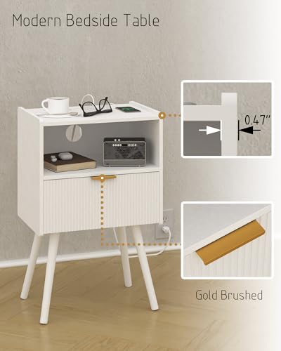 JOONEE White Nightstand with Outlet,Modern Bedside Table with Storage Drawer and Open Wood Shelf, for Living Room, Bedroom and Small Spaces, Accent Night Stand with Solid Wood Legs, Easy Assembly - color: White-outlet