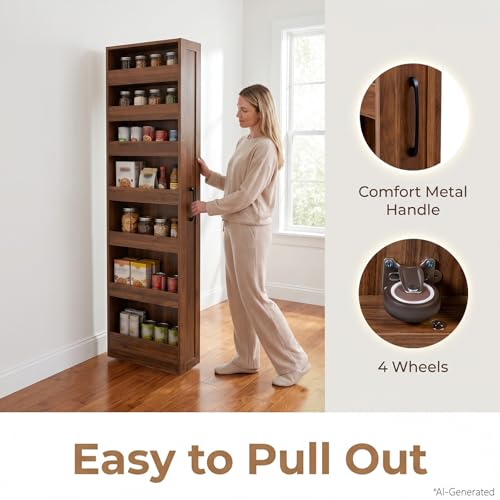 7-Tier Slim Mobile Shelving Cart with Wheels, Rolling Pantry with 7 Baskets, Narrow Pull-Out Utility Cart, Space Saving Storage Organizer Carts for Kitchen Living Room Bathroom Narrow Spaces, Walnut - size: Walnut & 7.87"D x 15.75"W x 70.75"H