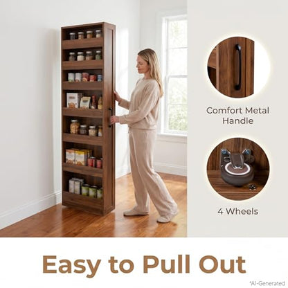 7-Tier Slim Mobile Shelving Cart with Wheels, Rolling Pantry with 7 Baskets, Narrow Pull-Out Utility Cart, Space Saving Storage Organizer Carts for Kitchen Living Room Bathroom Narrow Spaces, Walnut - size: Walnut & 7.87"D x 15.75"W x 70.75"H
